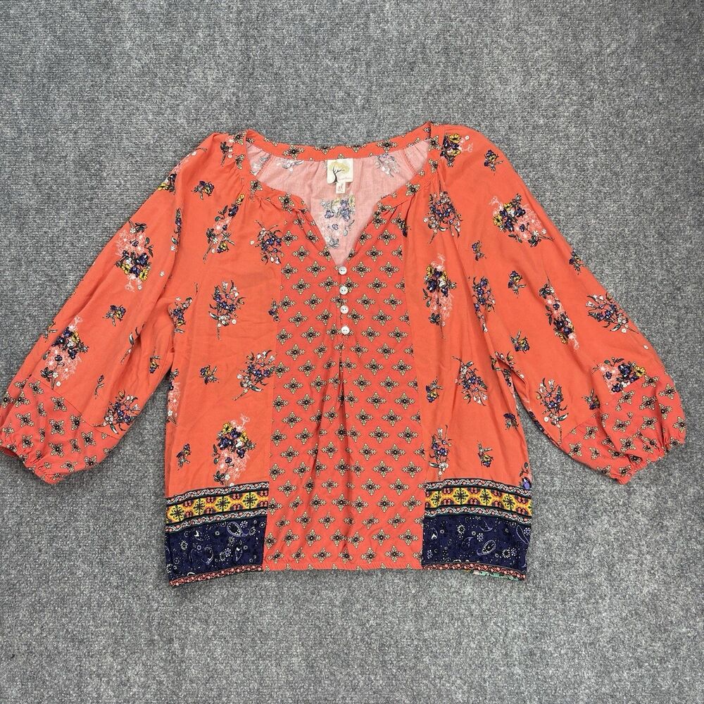 Anthropologie Fig & Flower Top Size XL Orange/Coral Floral Stretch Bottom